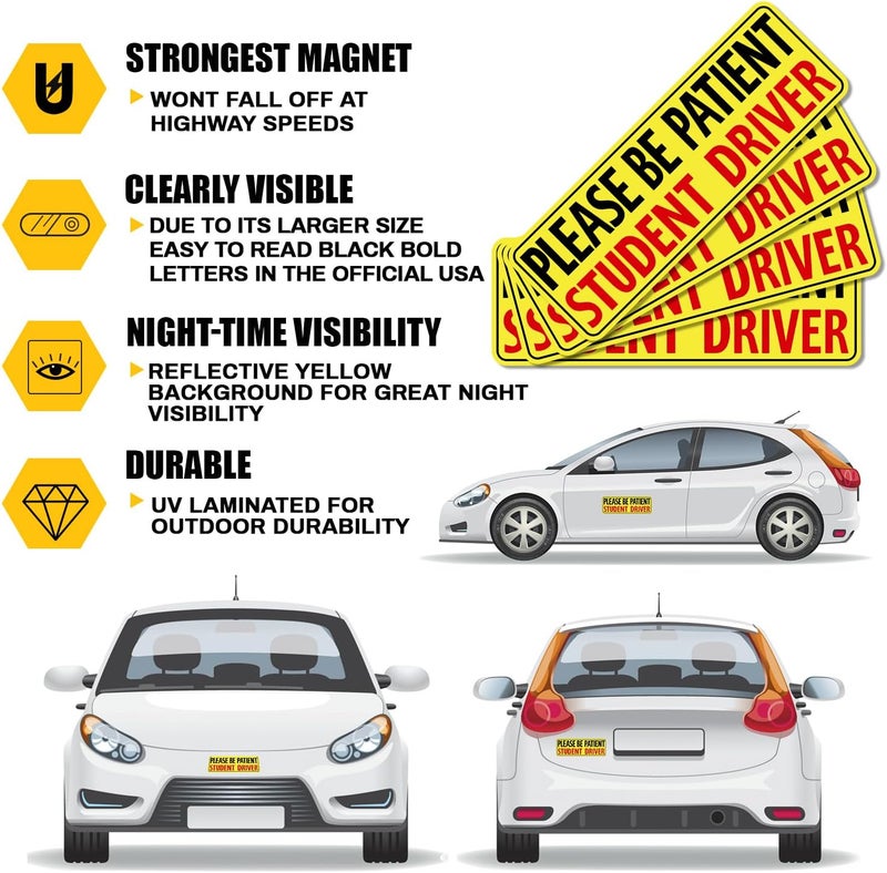 psler Student Driver Magnet for Car, be Patient Student Driver Magnet Boys and Girls New Student Driver Sticker Safety Warning Reflective Signs Reusable Movable 4 Pcs - Image 3